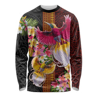 Papua New Guinea Birds and Frangipani Long Sleeve Shirt Melanesian Art Tattoos LT03 Unisex Black - Polynesian Pride