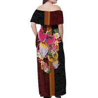 Papua New Guinea Birds and Frangipani Off Shoulder Maxi Dress Melanesian Art Tattoos LT03 - Polynesian Pride