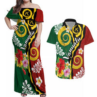 Melanesian Vanuatu Tribal Boar Tusk Couples Matching Off Shoulder Maxi Dress and Hawaiian Shirt Tropical Plants and Namele Motifs - Polynesian Pride