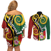 Melanesian Vanuatu Tribal Boar Tusk Couples Matching Off Shoulder Short Dress and Long Sleeve Button Shirt Tropical Plants and Namele Motifs - Polynesian Pride