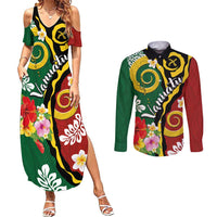 Melanesian Vanuatu Tribal Boar Tusk Couples Matching Summer Maxi Dress and Long Sleeve Button Shirt Tropical Plants and Namele Motifs - Polynesian Pride