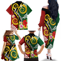 Melanesian Vanuatu Tribal Boar Tusk Family Matching Off The Shoulder Long Sleeve Dress and Hawaiian Shirt Tropical Plants and Namele Motifs - Polynesian Pride