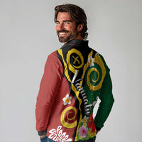 Melanesian Vanuatu Tribal Boar Tusk Long Sleeve Polo Shirt Tropical Plants and Namele Motifs - Polynesian Pride