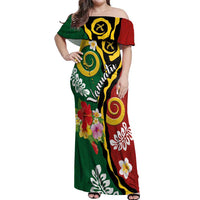 Melanesian Vanuatu Tribal Boar Tusk Off Shoulder Maxi Dress Tropical Plants and Namele Motifs - Polynesian Pride