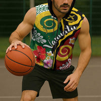 Melanesian Vanuatu Tribal Boar Tusk Sleeveless Zip Hoodie Tropical Plants and Namele Motifs - Polynesian Pride