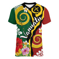 Melanesian Vanuatu Tribal Boar Tusk Women V-Neck T-Shirt Tropical Plants and Namele Motifs - Polynesian Pride