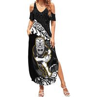 New Zealand Rugby Summer Maxi Dress Maori Warrior Rugby Silver Fern Tribal Pattern LT03 Women Black - Polynesian Pride