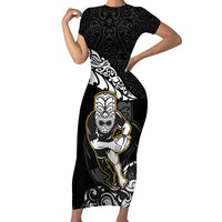 Custom New Zealand Rugby Short Sleeve Bodycon Dress Maori Warrior Rugby Silver Fern Tribal Pattern LT03 Long Dress Black - Polynesian Pride