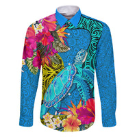 Polynesian Family Matching Tank Maxi Dress and Hawaiian Shirt The Turtle Jung Flower with Maori Pattern Ethnic Style LT03 Dad's Shirt - Long Sleeve Blue - Polynesian Pride