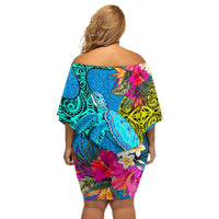 Polynesian Off Shoulder Short Dress The Turtle Jung Flower with Maori Pattern Ethnic Style LT03 - Polynesian Pride