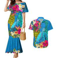Custom Polynesian Couples Matching Mermaid Dress and Hawaiian Shirt The Turtle Jung Flower with Maori Pattern Ethnic Style LT03 Blue - Polynesian Pride