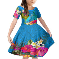 Custom Polynesian Family Matching Mermaid Dress and Hawaiian Shirt The Turtle Jung Flower with Maori Pattern Ethnic Style LT03 Daughter's Dress Blue - Polynesian Pride