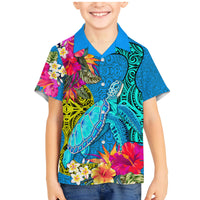 Custom Polynesian Family Matching Mermaid Dress and Hawaiian Shirt The Turtle Jung Flower with Maori Pattern Ethnic Style LT03 Son's Shirt Blue - Polynesian Pride
