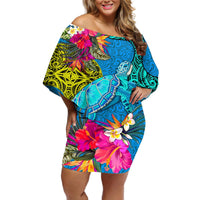 Custom Polynesian Off Shoulder Short Dress The Turtle Jung Flower with Maori Pattern Ethnic Style LT03 Women Blue - Polynesian Pride