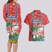 Hawaii Christmas Couples Matching Long Sleeve Bodycon Dress and Hawaiian Shirt The Santa Surfing Hawaii Xmas Style LT03 - Polynesian Pride
