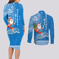 Hawaii Mele Kalikimaka Couples Matching Long Sleeve Bodycon Dress and Long Sleeve Button Shirt Santa Riding The DolPhin Mix Kakau Pattern Blue Style LT03 - Polynesian Pride