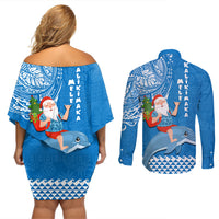 Hawaii Mele Kalikimaka Couples Matching Off Shoulder Short Dress and Long Sleeve Button Shirt Santa Riding The DolPhin Mix Kakau Pattern Blue Style LT03 - Polynesian Pride