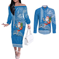 Hawaii Mele Kalikimaka Couples Matching Off The Shoulder Long Sleeve Dress and Long Sleeve Button Shirt Santa Riding The DolPhin Mix Kakau Pattern Blue Style LT03 Blue - Polynesian Pride