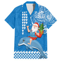 Hawaii Mele Kalikimaka Family Matching Puletasi Dress and Hawaiian Shirt Santa Riding The DolPhin Mix Kakau Pattern Blue Style LT03 Dad's Shirt - Short Sleeve Blue - Polynesian Pride