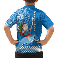 Hawaii Mele Kalikimaka Kid Hawaiian Shirt Santa Riding The DolPhin Mix Kakau Pattern Blue Style LT03 - Polynesian Pride