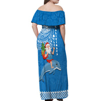 Hawaii Mele Kalikimaka Off Shoulder Maxi Dress Santa Riding The DolPhin Mix Kakau Pattern Blue Style LT03 - Polynesian Pride