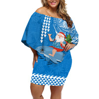Hawaii Mele Kalikimaka Off Shoulder Short Dress Santa Riding The DolPhin Mix Kakau Pattern Blue Style LT03 Women Blue - Polynesian Pride