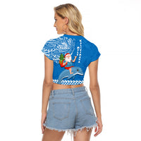 Hawaii Mele Kalikimaka Raglan Cropped T Shirt Santa Riding The DolPhin Mix Kakau Pattern Blue Style LT03 - Polynesian Pride