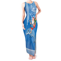 Hawaii Mele Kalikimaka Tank Maxi Dress Santa Riding The DolPhin Mix Kakau Pattern Blue Style LT03 Women Blue - Polynesian Pride