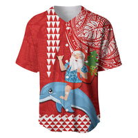 Hawaii Mele Kalikimaka Baseball Jersey Santa Riding The DolPhin Mix Kakau Pattern Red Style LT03 Red - Polynesian Pride