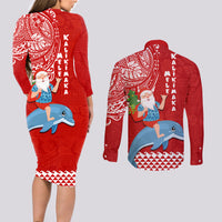 Hawaii Mele Kalikimaka Couples Matching Long Sleeve Bodycon Dress and Long Sleeve Button Shirt Santa Riding The DolPhin Mix Kakau Pattern Red Style LT03 - Polynesian Pride