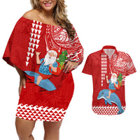 Hawaii Mele Kalikimaka Couples Matching Off Shoulder Short Dress and Hawaiian Shirt Santa Riding The DolPhin Mix Kakau Pattern Red Style LT03 Red - Polynesian Pride