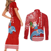 Hawaii Mele Kalikimaka Couples Matching Short Sleeve Bodycon Dress and Long Sleeve Button Shirt Santa Riding The DolPhin Mix Kakau Pattern Red Style LT03 - Polynesian Pride