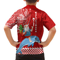 Hawaii Mele Kalikimaka Family Matching Long Sleeve Bodycon Dress and Hawaiian Shirt Santa Riding The DolPhin Mix Kakau Pattern Red Style LT03 - Polynesian Pride