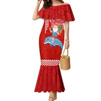 Hawaii Mele Kalikimaka Family Matching Mermaid Dress and Hawaiian Shirt Santa Riding The DolPhin Mix Kakau Pattern Red Style LT03 Mom's Dress Red - Polynesian Pride