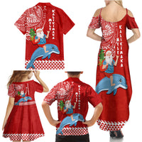 Hawaii Mele Kalikimaka Family Matching Summer Maxi Dress and Hawaiian Shirt Santa Riding The DolPhin Mix Kakau Pattern Red Style LT03 - Polynesian Pride