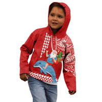 Hawaii Mele Kalikimaka Kid Hoodie Santa Riding The DolPhin Mix Kakau Pattern Red Style LT03 - Polynesian Pride