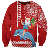 Hawaii Mele Kalikimaka Sweatshirt Santa Riding The DolPhin Mix Kakau Pattern Red Style LT03 Unisex Red - Polynesian Pride