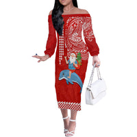 Custom Hawaii Mele Kalikimaka Off The Shoulder Long Sleeve Dress Santa Riding The DolPhin Mix Kakau Pattern Red Style LT03 Women Red - Polynesian Pride