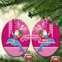 Hawaii Mele Kalikimaka Ceramic Ornament Santa Riding The DolPhin Mix Kakau Pattern Pink Style LT03 Oval Pink - Polynesian Pride