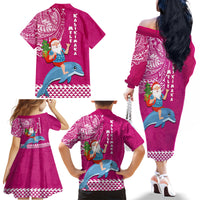 Hawaii Mele Kalikimaka Family Matching Off Shoulder Long Sleeve Dress and Hawaiian Shirt Santa Riding The DolPhin Mix Kakau Pattern Pink Style LT03 - Polynesian Pride