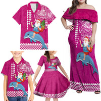 Hawaii Mele Kalikimaka Family Matching Off Shoulder Maxi Dress and Hawaiian Shirt Santa Riding The DolPhin Mix Kakau Pattern Pink Style LT03 - Polynesian Pride