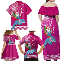 Hawaii Mele Kalikimaka Family Matching Off Shoulder Maxi Dress and Hawaiian Shirt Santa Riding The DolPhin Mix Kakau Pattern Pink Style LT03 - Polynesian Pride