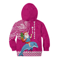 Hawaii Mele Kalikimaka Kid Hoodie Santa Riding The DolPhin Mix Kakau Pattern Pink Style LT03 - Polynesian Pride
