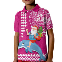 Hawaii Mele Kalikimaka Kid Polo Shirt Santa Riding The DolPhin Mix Kakau Pattern Pink Style LT03 Kid Pink - Polynesian Pride