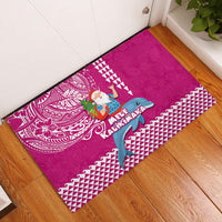 Hawaii Mele Kalikimaka Rubber Doormat Santa Riding The DolPhin Mix Kakau Pattern Pink Style LT03 Pink - Polynesian Pride