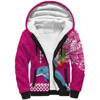 Hawaii Mele Kalikimaka Sherpa Hoodie Santa Riding The DolPhin Mix Kakau Pattern Pink Style LT03 Unisex Pink - Polynesian Pride