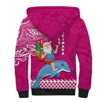 Hawaii Mele Kalikimaka Sherpa Hoodie Santa Riding The DolPhin Mix Kakau Pattern Pink Style LT03 - Polynesian Pride