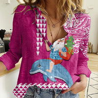 Hawaii Mele Kalikimaka Women Casual Shirt Santa Riding The DolPhin Mix Kakau Pattern Pink Style LT03 Female Pink - Polynesian Pride