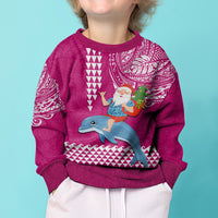 Custom Hawaii Mele Kalikimaka Kid Ugly Christmas Sweater Santa Riding The DolPhin Mix Kakau Pattern Pink Style LT03 - Polynesian Pride