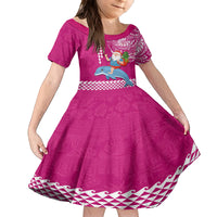 Custom Hawaii Mele Kalikimaka Kid Short Sleeve Dress Santa Riding The DolPhin Mix Kakau Pattern Pink Style LT03 KID Pink - Polynesian Pride